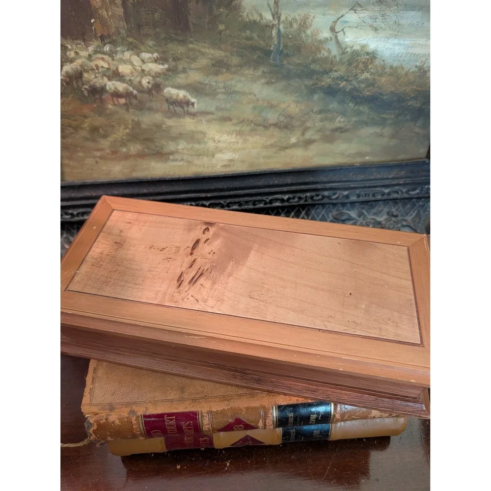 Vintage Wooden Jewelry Box Hinged Lid Velvet Lined Ring Organizer 11x5x2.5